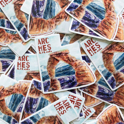 Pile of numerous Arches National Park stickers. Jhermanrussell.com